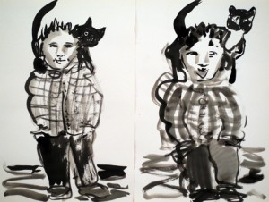 Josiane Keller - Michael with shoulder cat, double sketch