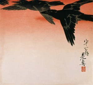 Shibata Zeshin - Crows in flight in a red sky