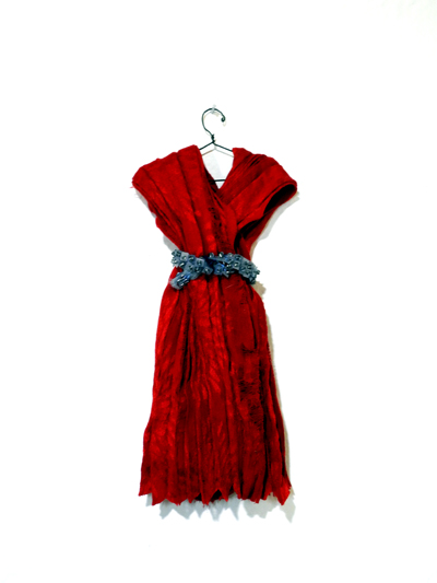 Josiane Keller - Molly's red silk dress with skyblue rhinestone belt